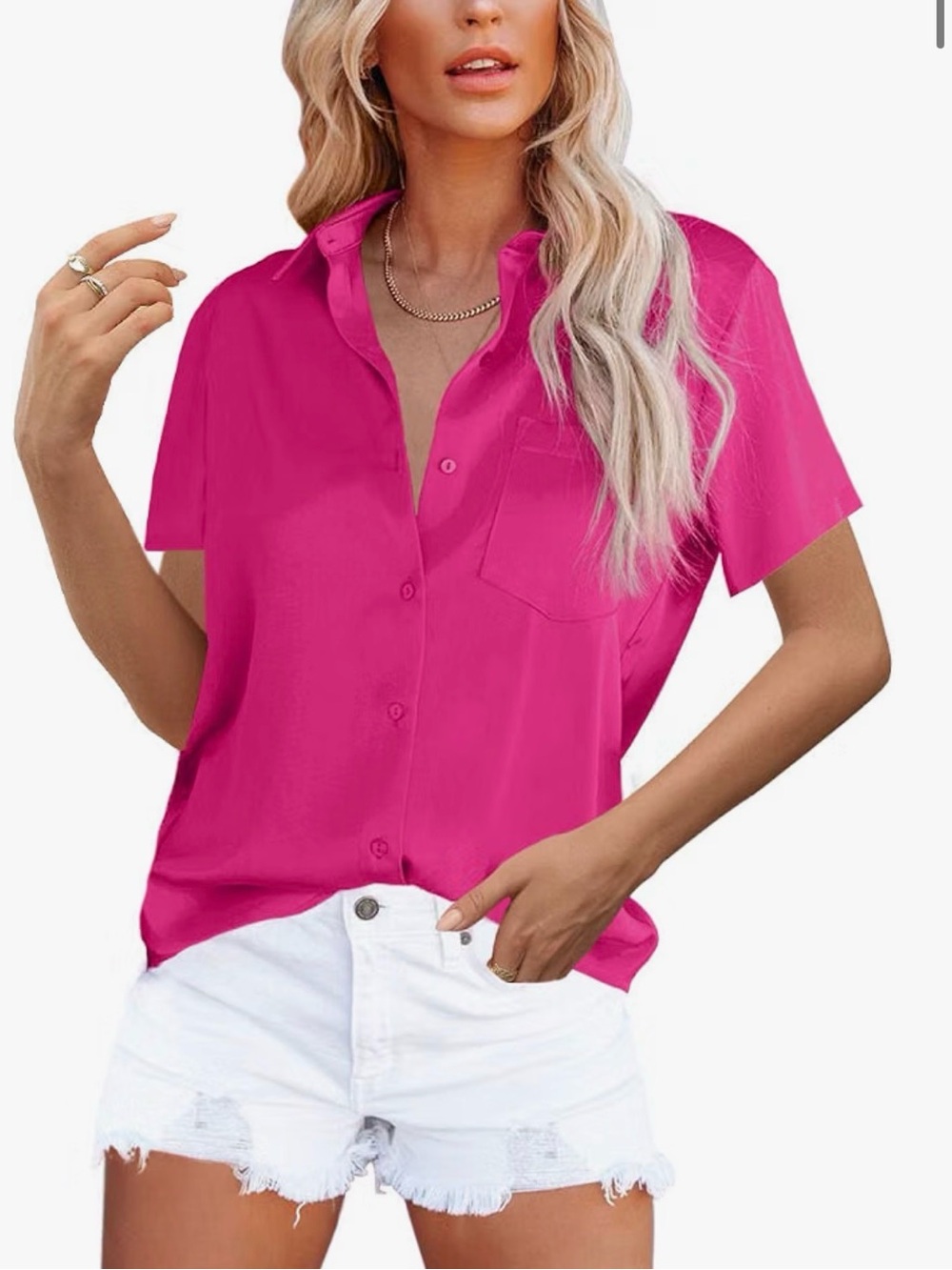 OMSJ Women's Button Down Shirts Satin V Neck Short Sleeve Casual Work Blouse